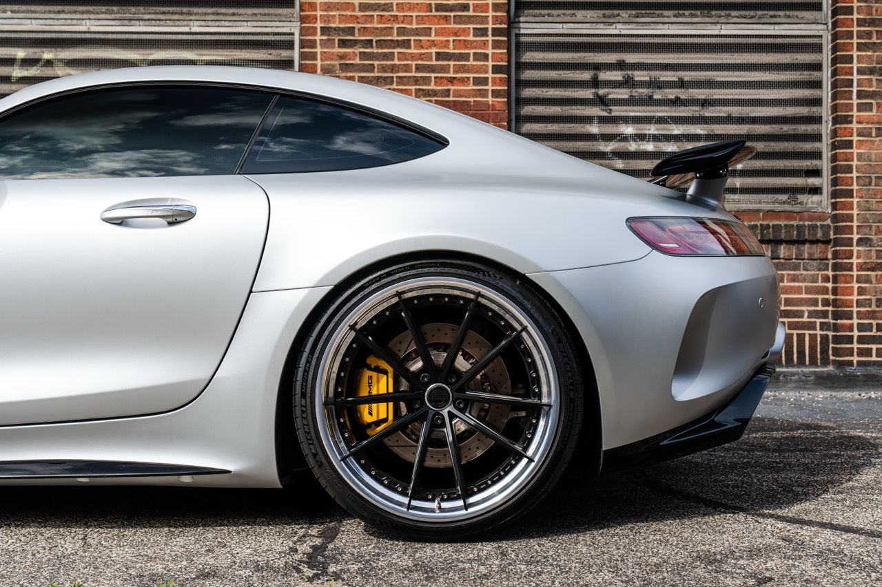 Mercedes-Benz AMG GTR with Motivo Forged CS-N custom wheels in frozen black face and gloss polished clear lip side view — view 11