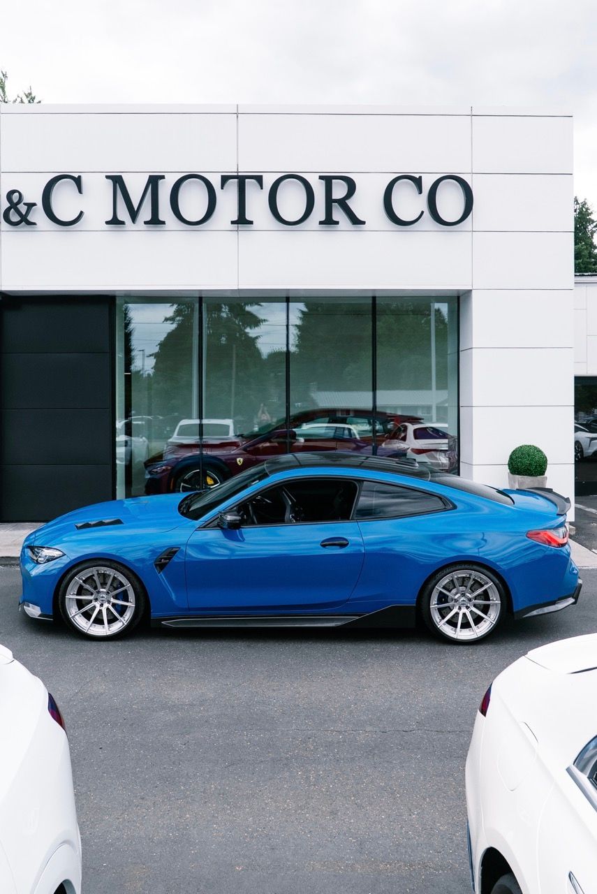 BMW M4 with Motivo Forged CS-U custom wheels in gloss polished clear face and brushed clear barrel side view — view 2