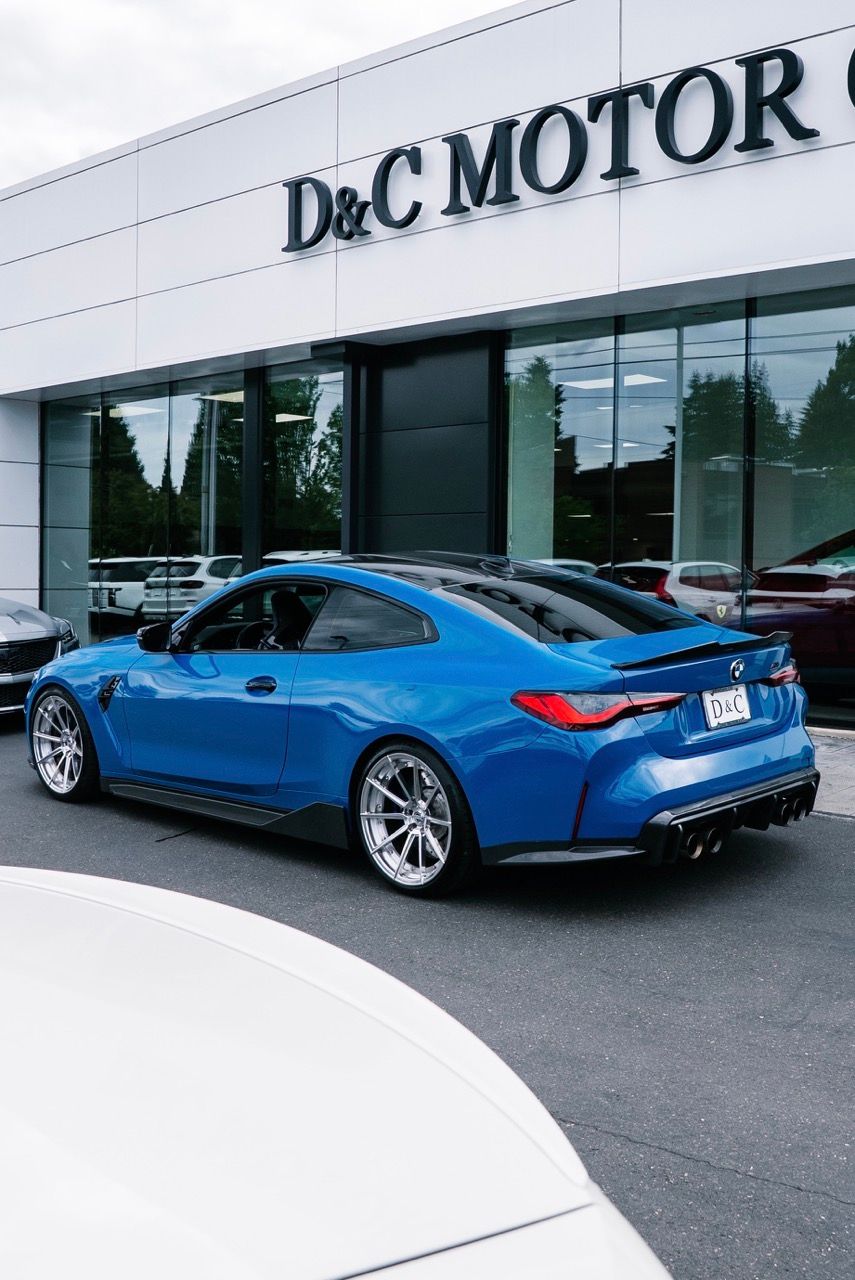 BMW M4 with Motivo Forged CS-U custom wheels in gloss polished clear face and brushed clear barrel rear view